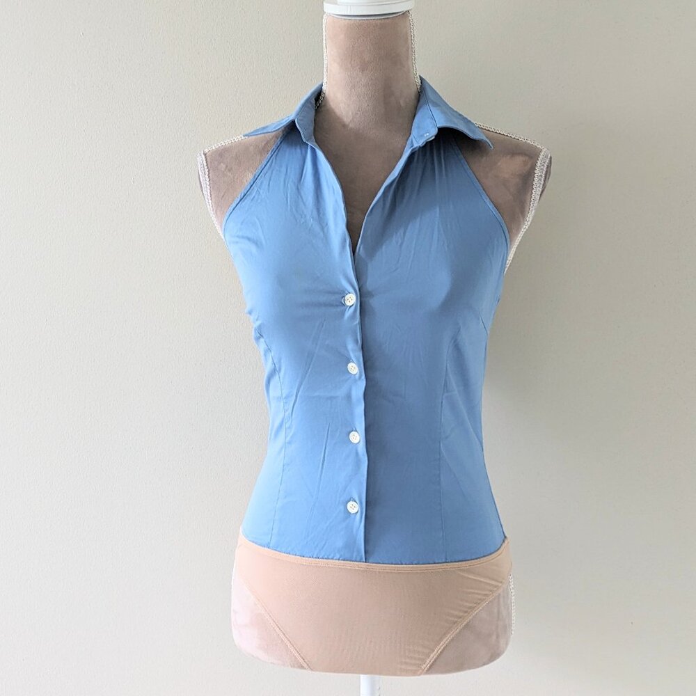 Theory Halter Blue Backless Button Down Top
